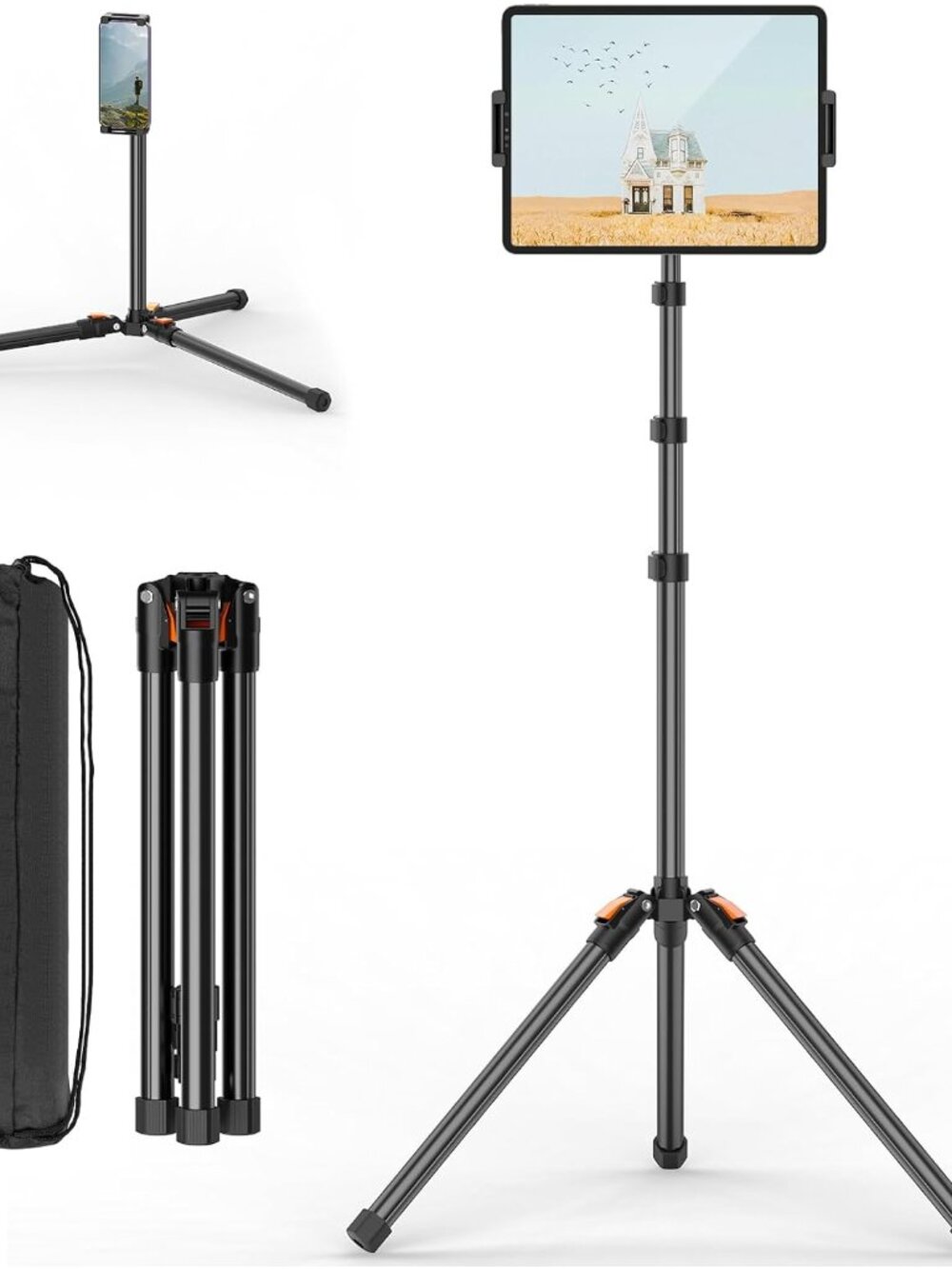 72in Tablet Floor Stand Tripod,Tablet Stand Floor with 360° Ball Head,Height Adj
